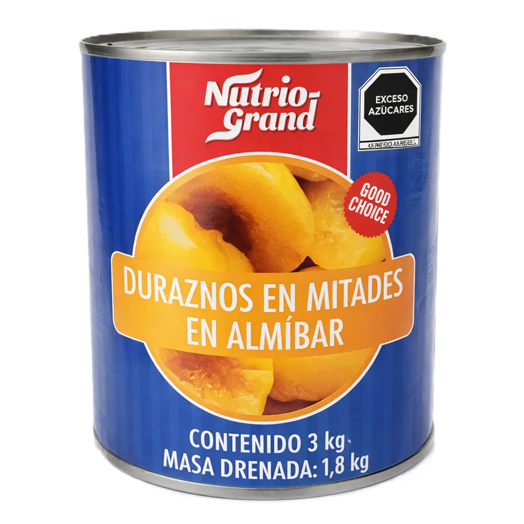 Durazno en Almíbar | P. Mitades | Nutrio-Grand® | Chile | Lata 3KG Dren 1.8KG                                                                                    