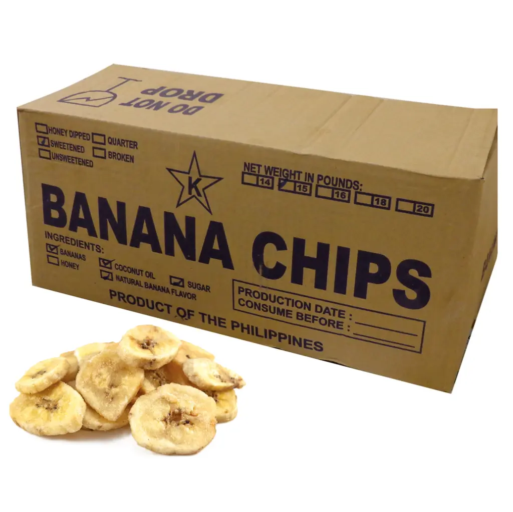 Banana Chips | Whole Sweetened | Filipinas | CTN-BX 15Lb/6.8Kg                                               