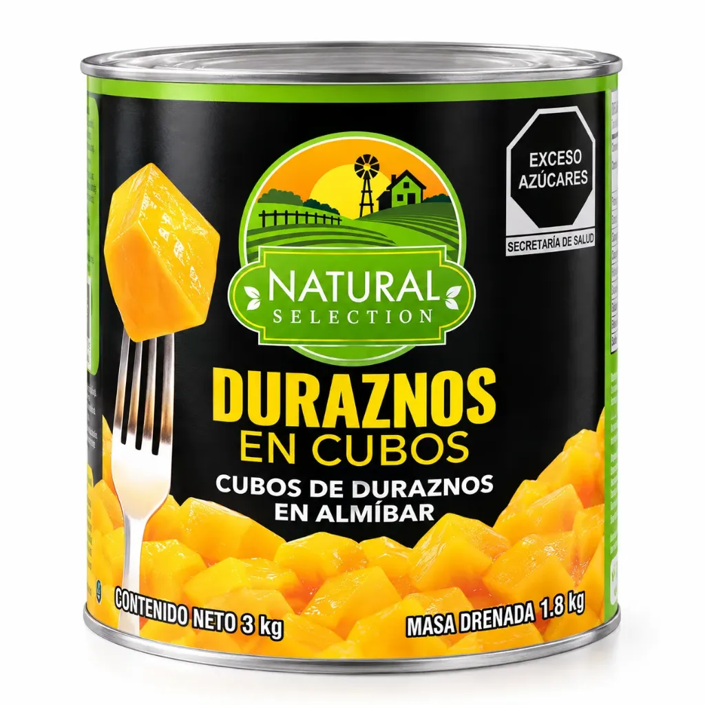 Durazno en Almíbar | F. Cubos | Natural Select ® | Argentina | Lata 3KG Dren 1.8KG