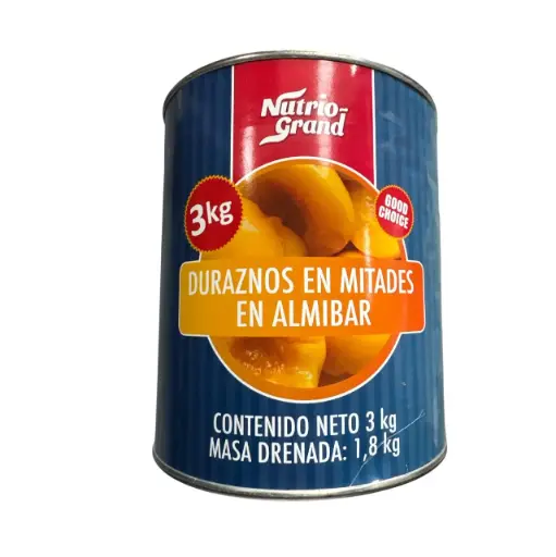 Durazno en Almíbar | P. Mitades | Nutrio-Grand® | Chile | Lata 3KG Dren 1.8KG                                                                                    